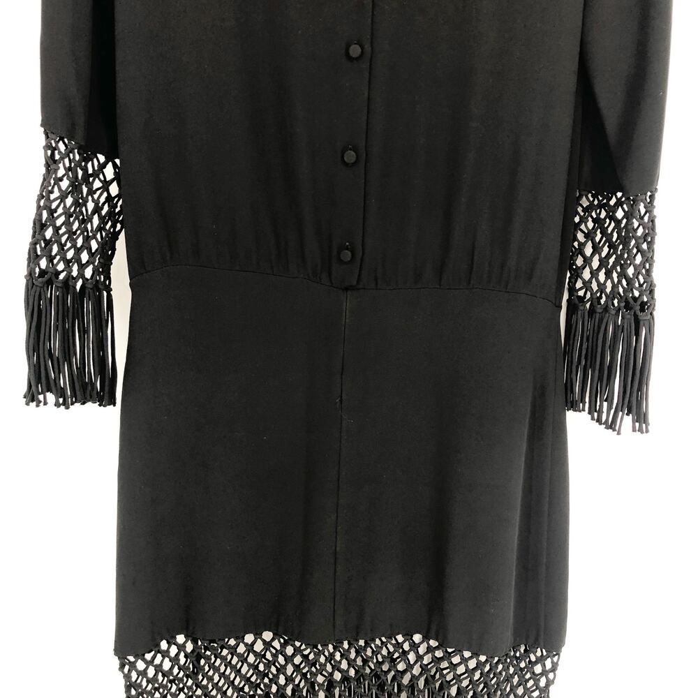 VALENTINO GARAVANI Midi Dress 4 Black Fringed Macramé-Paneled Silk-Crepe FLAW - Picture 12 of 16
